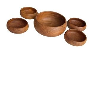 Goodwood Genuine Teak Wood Salad Bowl Set 5 Piece Vintage Thailand Retro Dining